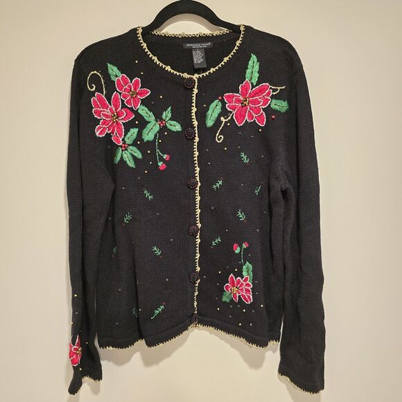Christmas Sweater Cardigan Large Women Vintage 90s Embroidered Beaded Poinsettia - Picture 1 of 7